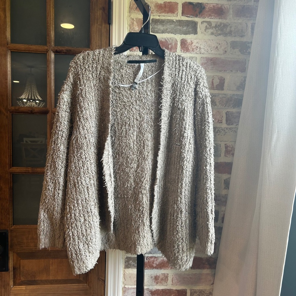 Kensie Cardigan Women Taupe Popcorn Knit Open Front Fuzzy Soft Sweater Hygge XL